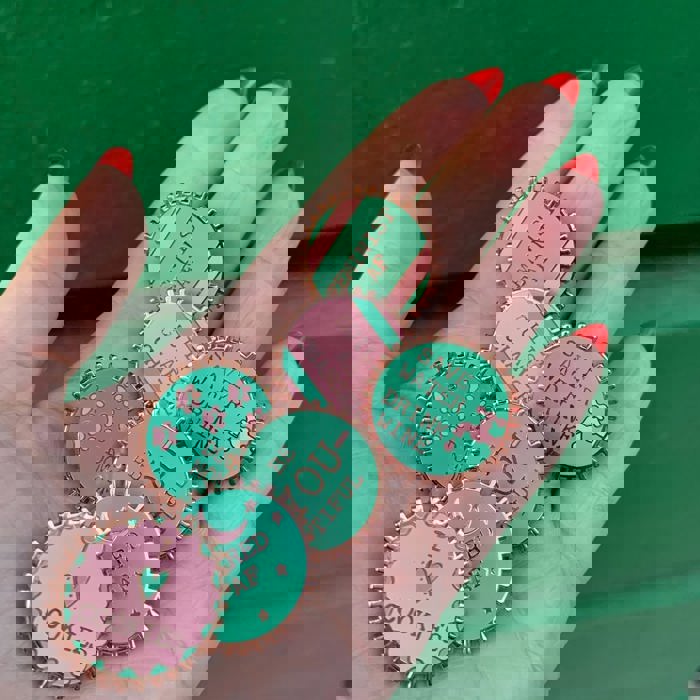 Feminist AF Pink and Green Stripes Enamel Pin on Gift Card