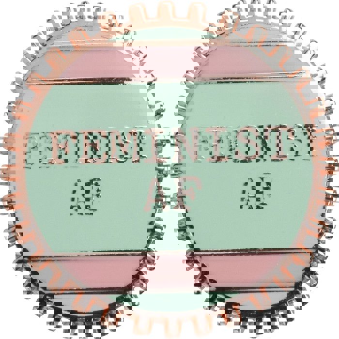 Feminist AF Pink and Green Stripes Enamel Pin on Gift Card