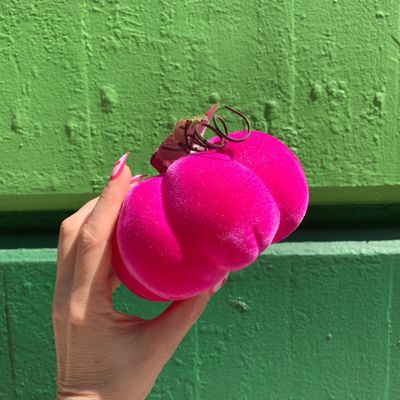 Flocked Neon Pink Pumpkin | Decorative Halloween Theme Shape Decor