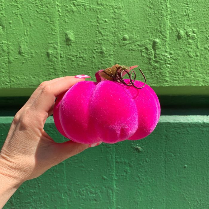 Flocked Neon Pink Pumpkin | Decorative Halloween Theme Shape Decor