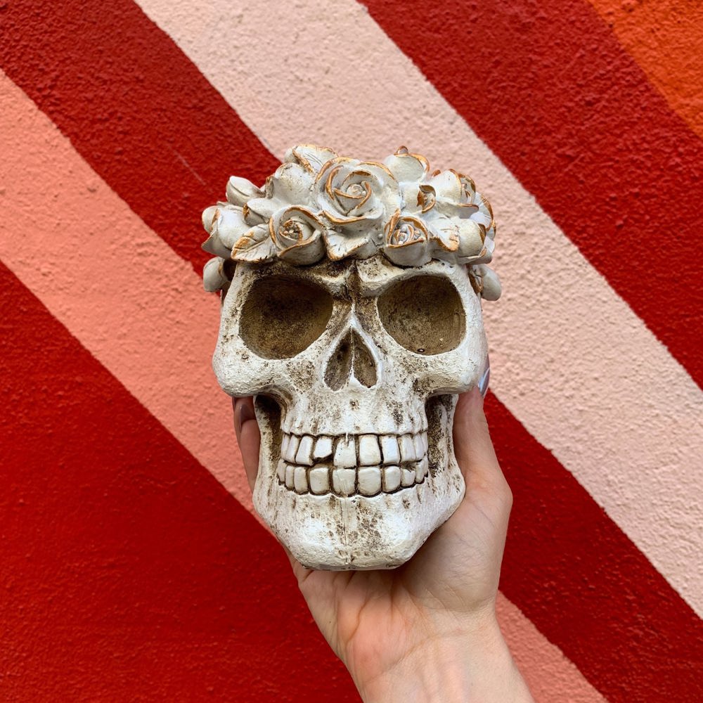 Flower Crown Skull Decor | Human Head Sculpture Figurine