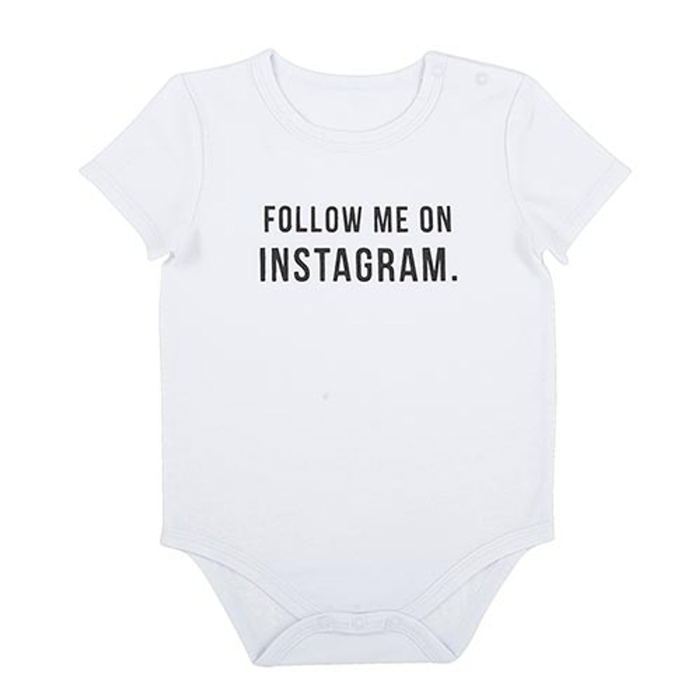 Follow Me On Instagram Snapshirt in White  | Unisex Cotton Baby Body Suit | Size 6-12 Months
