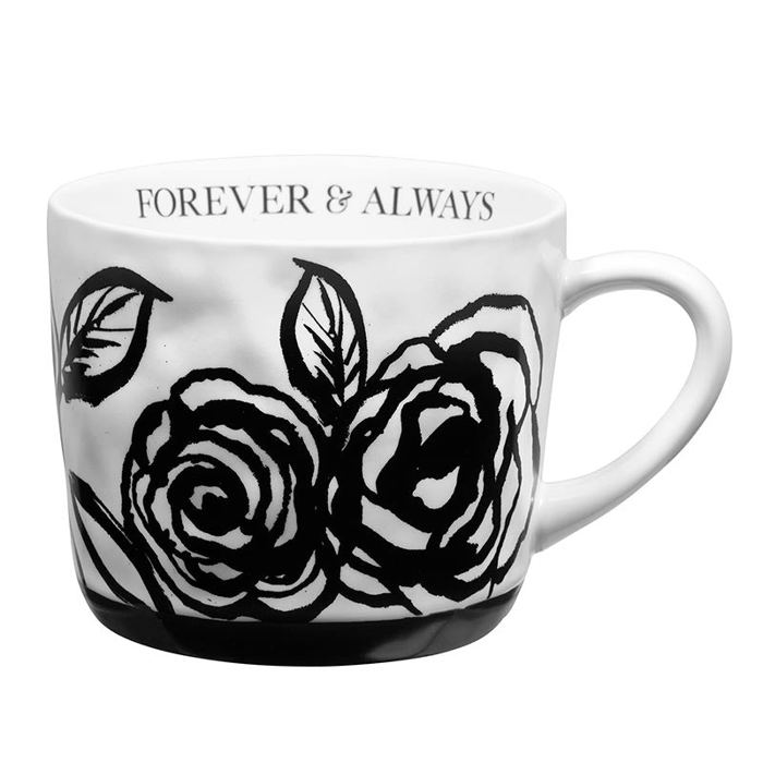 Forever & Always Mug in White with Black Floral Art | Valentine's Day Bridal Wedding Romance Giftable Coffee Tea Cup | 15oz