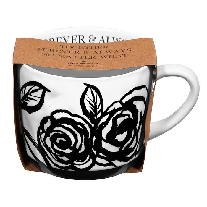 Forever & Always Mug in White with Black Floral Art | Valentine's Day Bridal Wedding Romance Giftable Coffee Tea Cup | 15oz