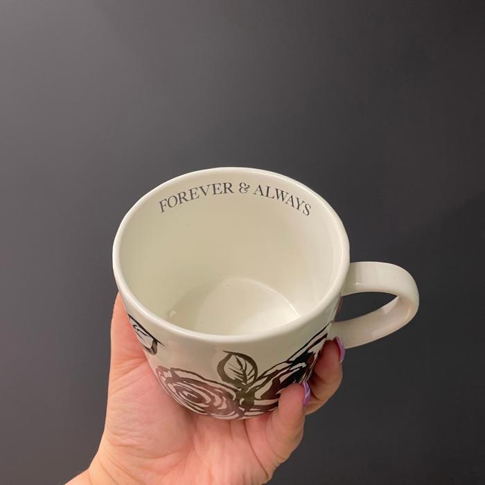 Forever & Always Mug in White with Black Floral Art | Valentine's Day Bridal Wedding Romance Giftable Coffee Tea Cup | 15oz