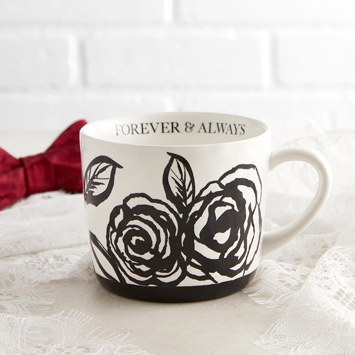 Forever & Always Mug in White with Black Floral Art | Valentine's Day Bridal Wedding Romance Giftable Coffee Tea Cup | 15oz