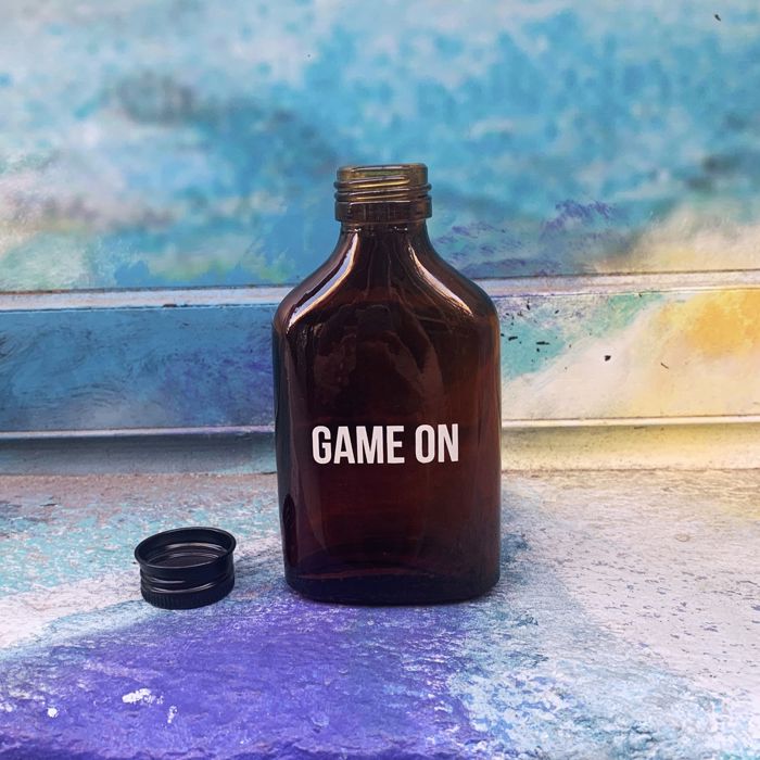 Game On Amber Mini Flask Glass | Dad Gifts Sports Themed Bottle