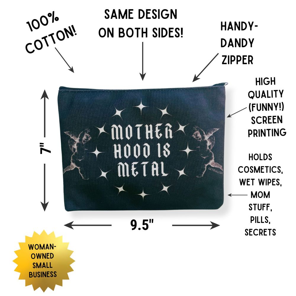 Motherhood is Metal Canvas Zipper Pouch 9.5" x 7" | Cosmetics Bag or Pencil Case