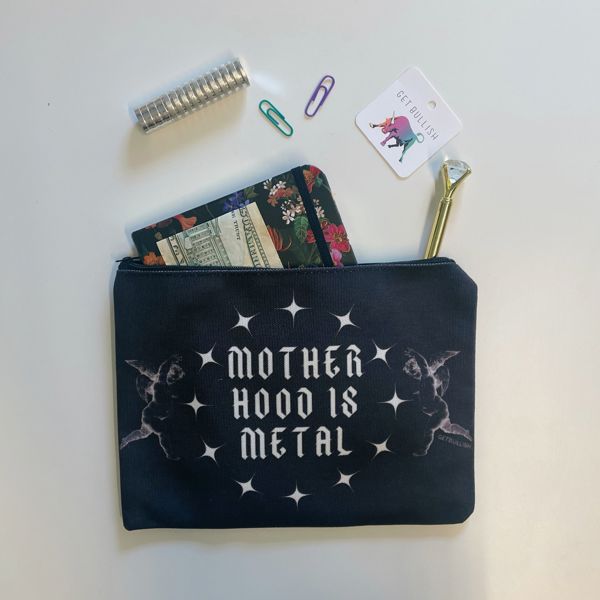 Motherhood is Metal Canvas Zipper Pouch 9.5" x 7" | Cosmetics Bag or Pencil Case