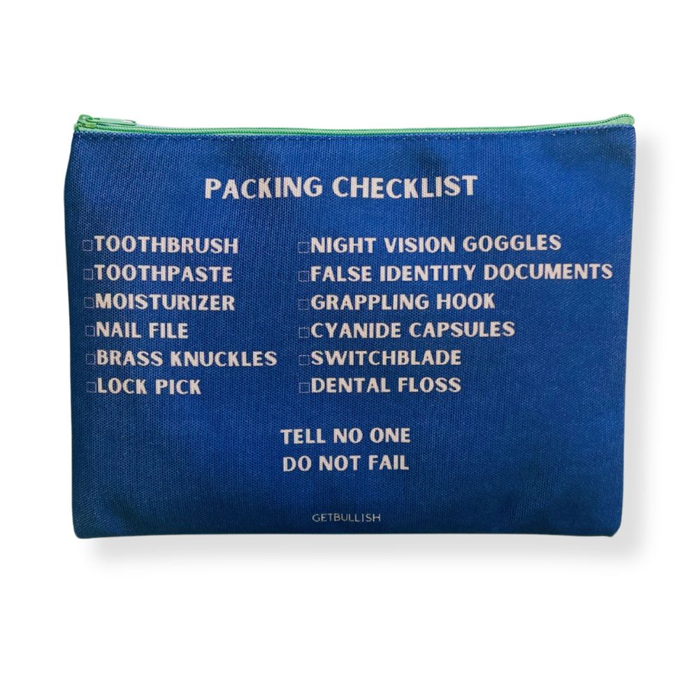 Secret Agent Packing Checklist Canvas Zipper Pouch 9.5" x 7" | Cosmetics Bag or Pencil Case