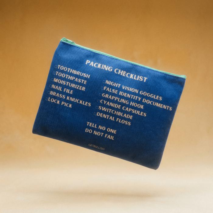 Secret Agent Packing Checklist Canvas Zipper Pouch 9.5" x 7" | Cosmetics Bag or Pencil Case