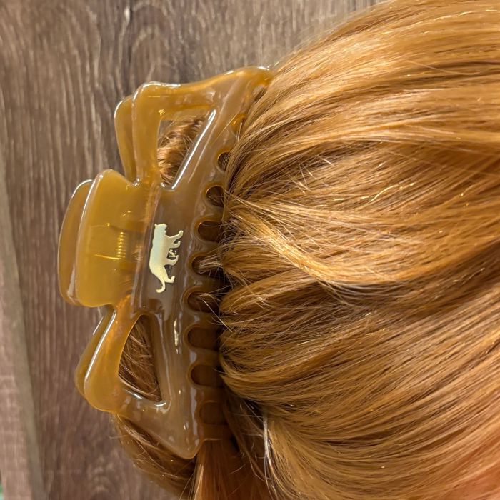 Giant Caramel Megabow Hair Claw for Long, Thick Hair | Panther Icon in Gold Foil Hair Accessories