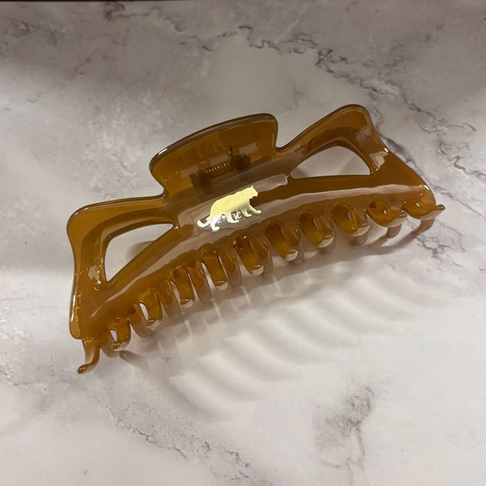 Giant Caramel Megabow Hair Claw for Long, Thick Hair | Panther Icon in Gold Foil Hair Accessories
