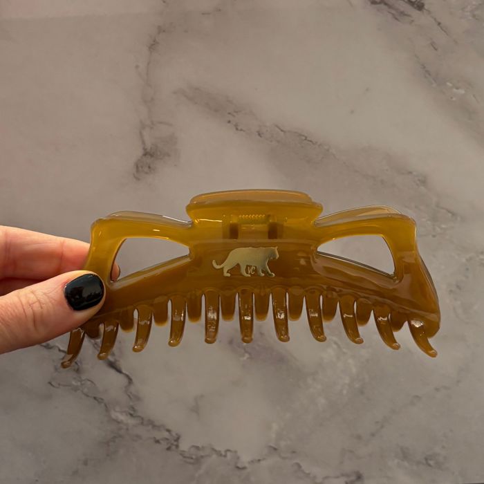 Giant Caramel Megabow Hair Claw for Long, Thick Hair | Panther Icon in Gold Foil Hair Accessories