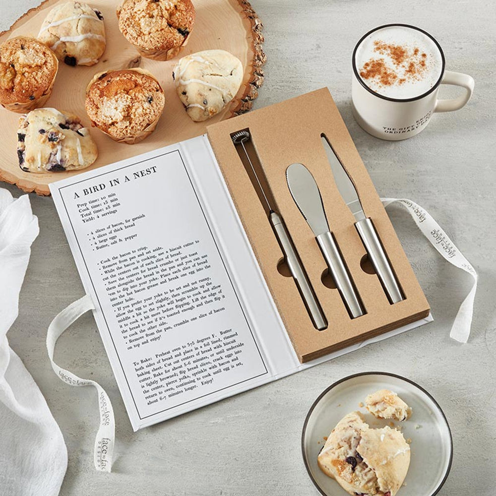 Gift Box: Sunny-Side Up Breakfast Tools Book Box |  Frother, Jam Spreader, and Butter Scraper Gift Set