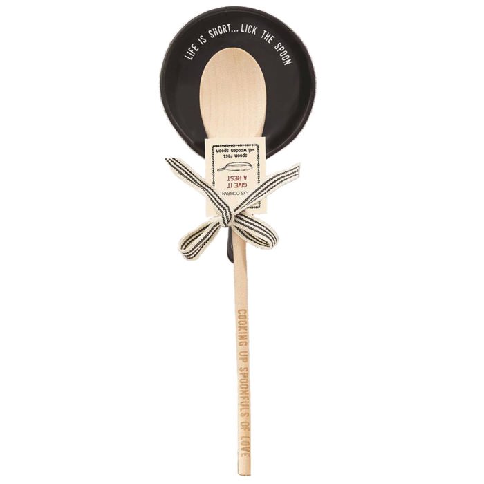 Giftable Wooden Spoon and Cast Iron Spoon Rest Set with Cute Sayings