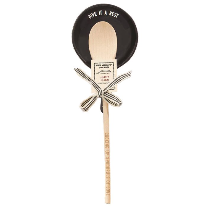 Giftable Wooden Spoon and Cast Iron Spoon Rest Set with Cute Sayings