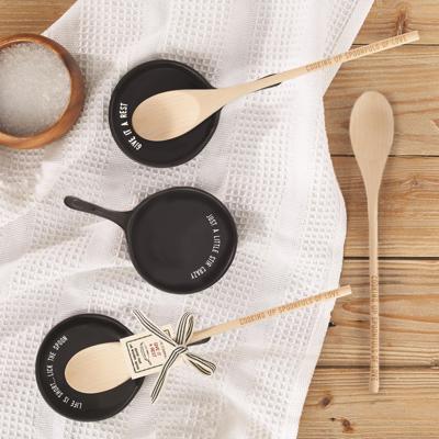 Giftable Wooden Spoon and Cast Iron Spoon Rest Set with Cute Sayings