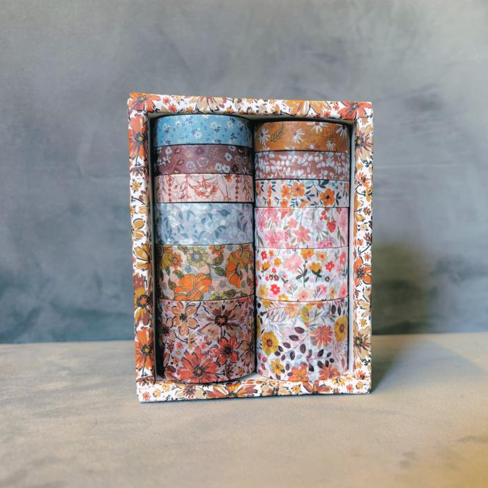 Ginger Florals Washi Set | 12 Washi Tapes in a Box | Gift Wrapping Tools and Craft Tape