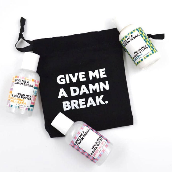 Give Me A Damn Break Bath Set | 3 Funny Body Care Items in Gift Bag | Body Wash, Lotion, Foaming Milk Bath Mini Sizes Stocking Stuffer 