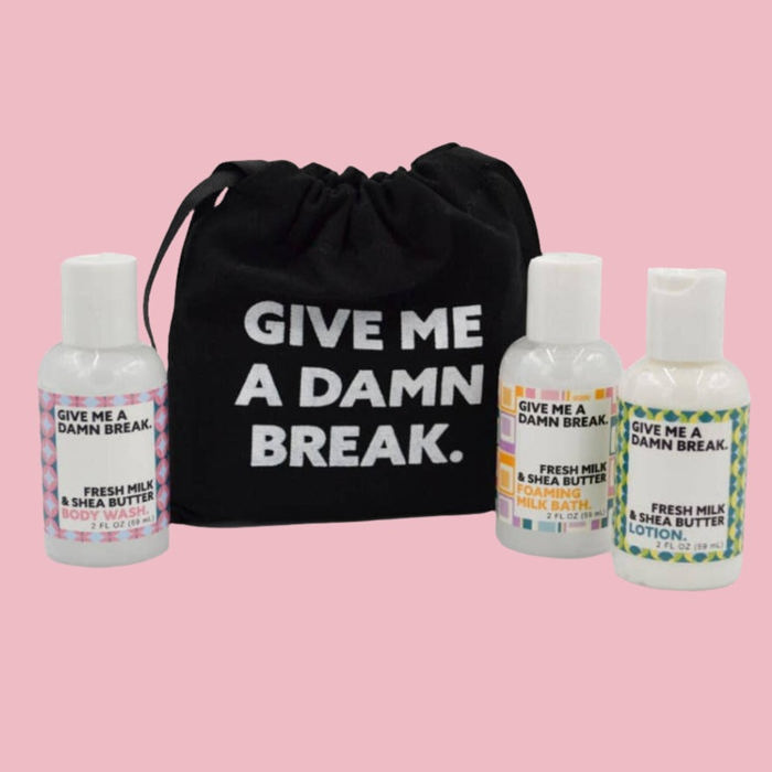 Give Me A Damn Break Bath Set | 3 Funny Body Care Items in Gift Bag | Body Wash, Lotion, Foaming Milk Bath Mini Sizes Stocking Stuffer 