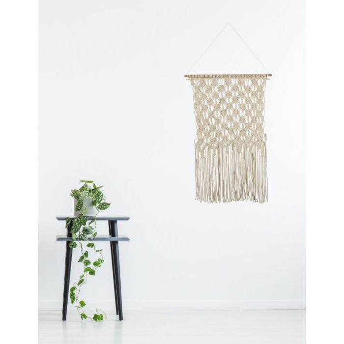 Extra Large Ivory Fringe Hand Knotted Macrame Wall Hanging | 24" x 35"