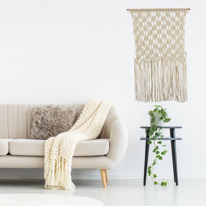 Extra Large Ivory Fringe Hand Knotted Macrame Wall Hanging | 24" x 35"