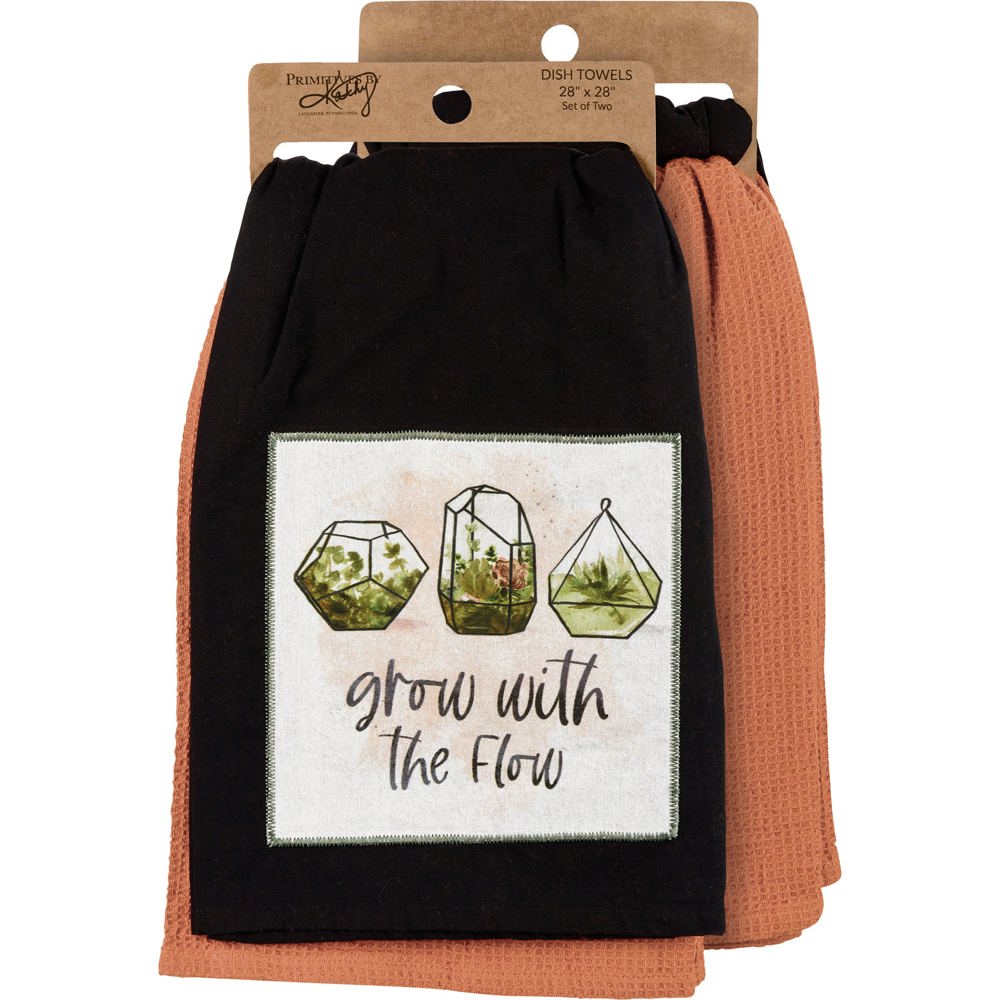 Grow With The Flow Kitchen Towel Set | Cotton Plant Design Tea Dish Cloth | 28" x 28" | Gift for Her