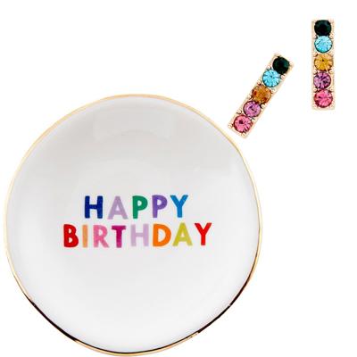 Happy Birthday Trinket Tray & Earring Set | Ceramic Dish Tray and Jewelry Gem Stones Earring Gift Set | Gift for Her