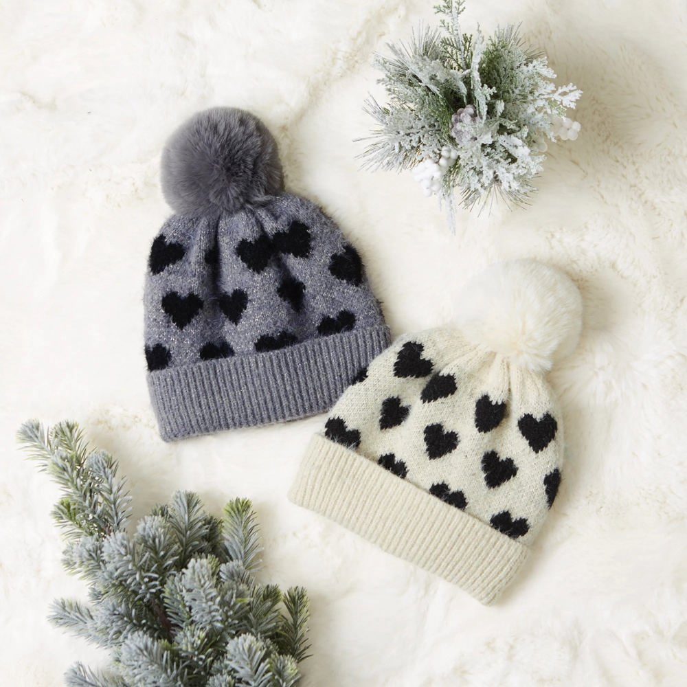 Giftable Heart Winter Beanie for Her - Soft Warm Winter Women's Hat with Pompom