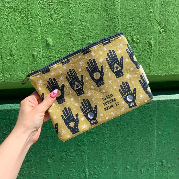 Hello Future Bring It Mystical Hand Zipper Pouch and Dish Tea Towel - All-Over Astrology Design in Yellow and Black