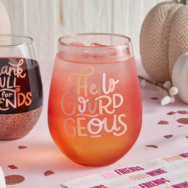 Hello Gourdgeous Thanksgiving Jumbo Stemless Wine Glass | 30 Oz. | Holds an Entire Bottle of Wine