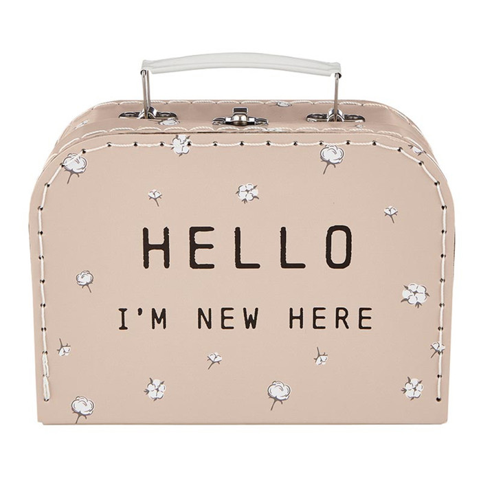 Hello I'm New Here Mini Suitcase Set in Blush Pink | 3-Piece Keepsake Suitcase Snap Shirt and Hat Gift Set