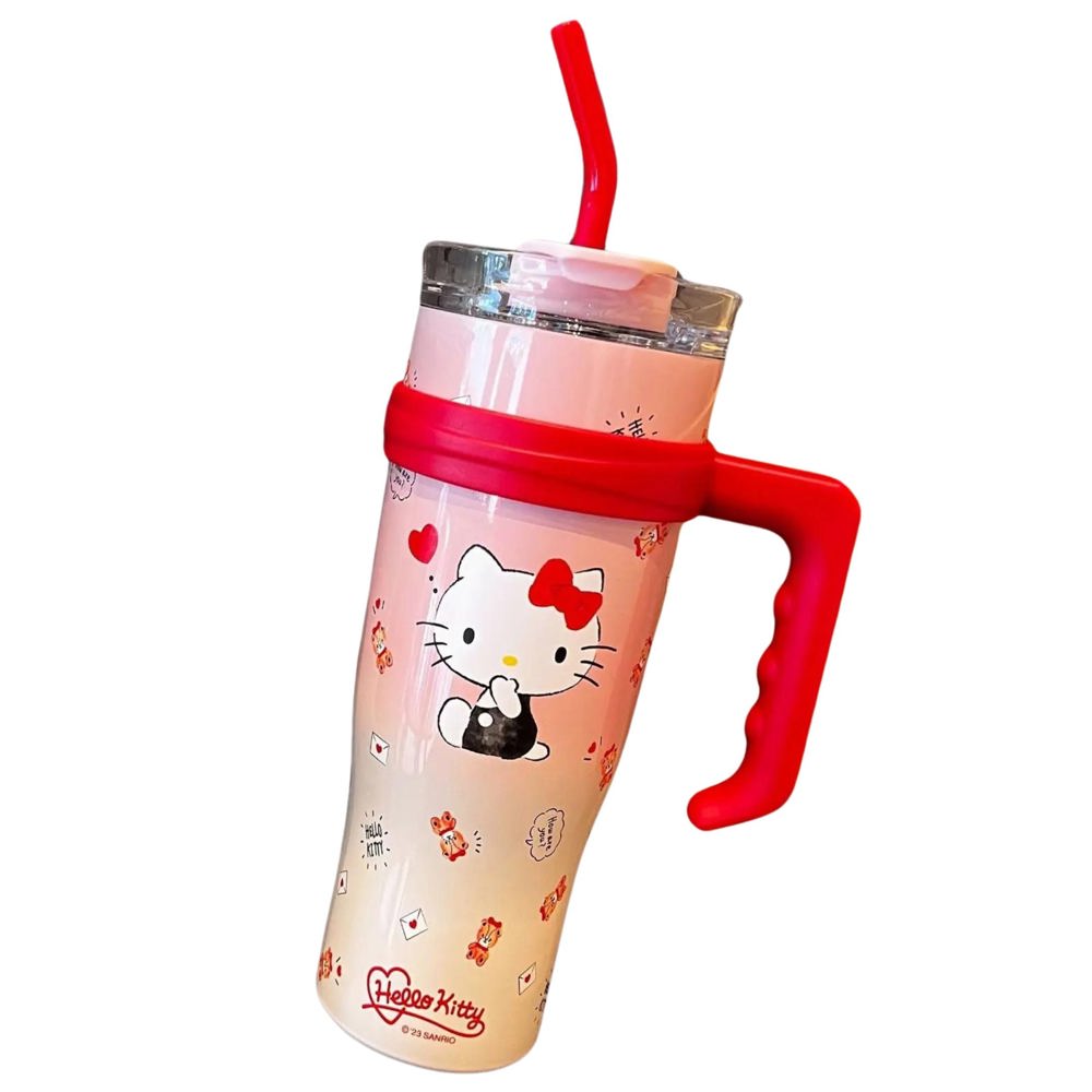 Hello Kitty 40 oz Stainless Steel Insulated Handle Tumbler in Pink and Red - XL Size with Straw