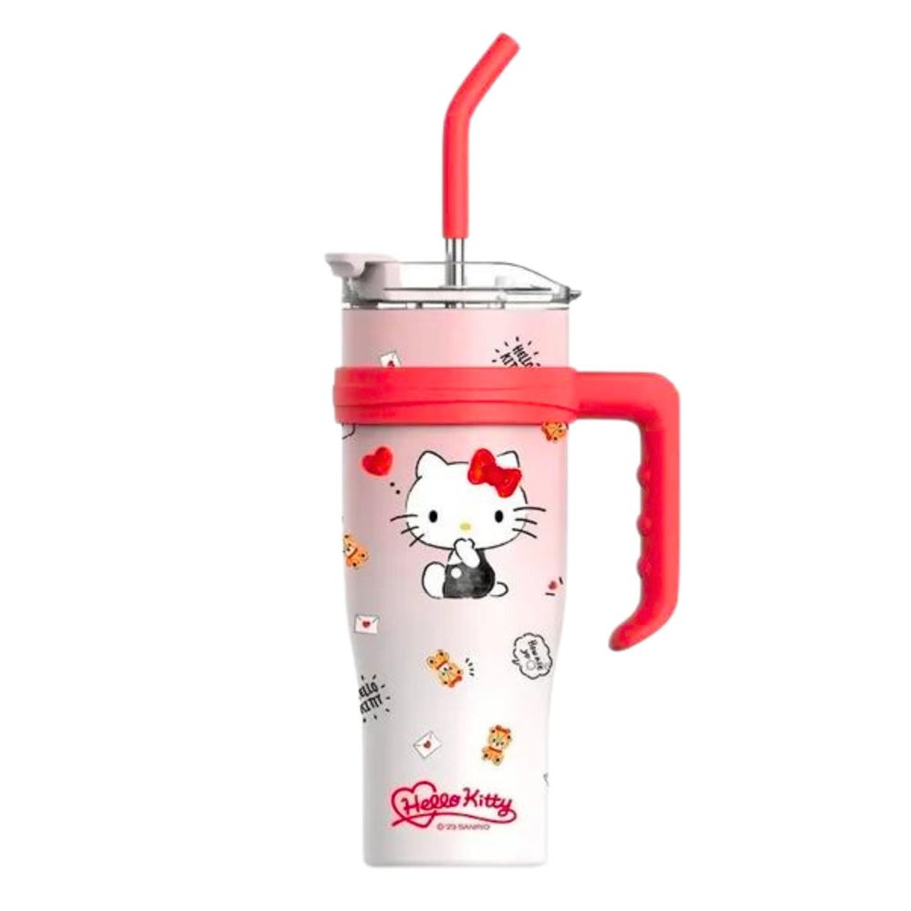 Hello Kitty 40 oz Stainless Steel Insulated Handle Tumbler in Pink and Red - XL Size with Straw