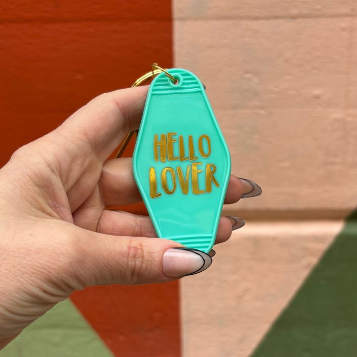 Hello Lover Motel Key Tag in Teal | Acrylic with Gold Accents