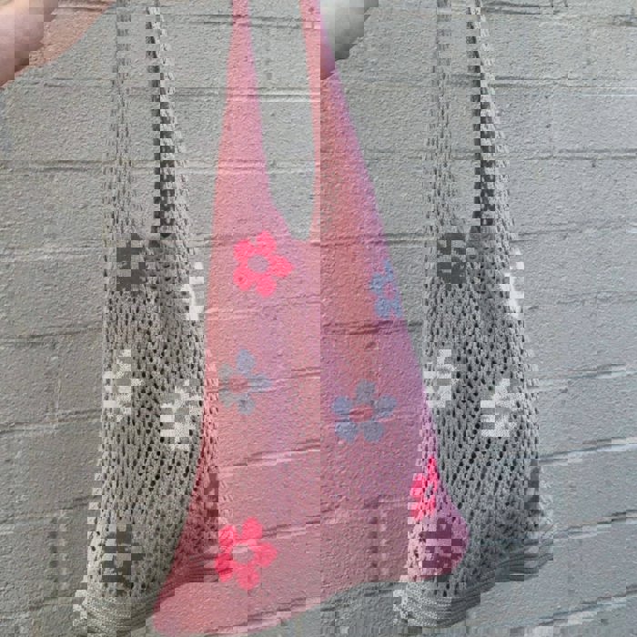 Hippie Boho Knitted Flower Tote | Floral Print Soft Shoulder Bag in Groovy Pink