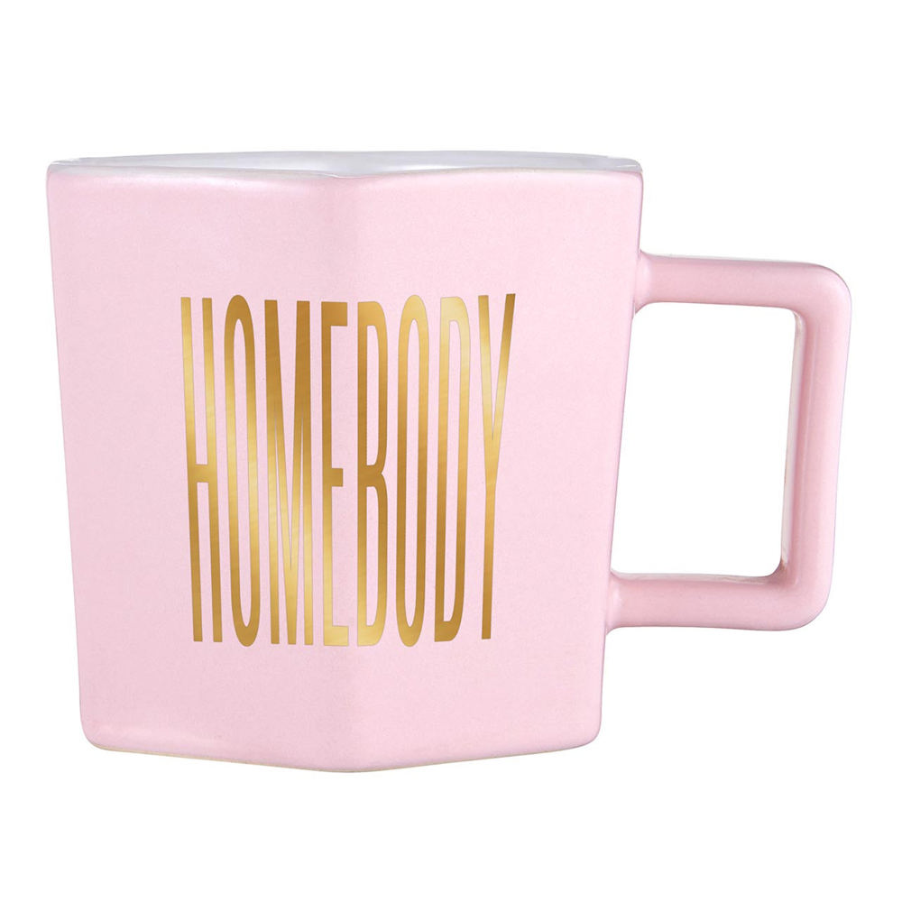 Homebody Hexagon Mug and Saucer Set in Pink with Gold Dot Pattern