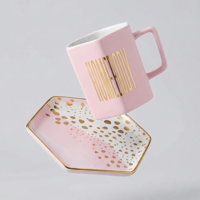 Giftable Homebody Hexagon Mug and Saucer Set in Pink with Gold Dot Pattern