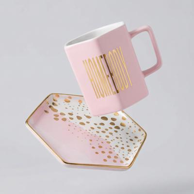 Giftable Homebody Hexagon Mug and Saucer Set in Pink with Gold Dot Pattern