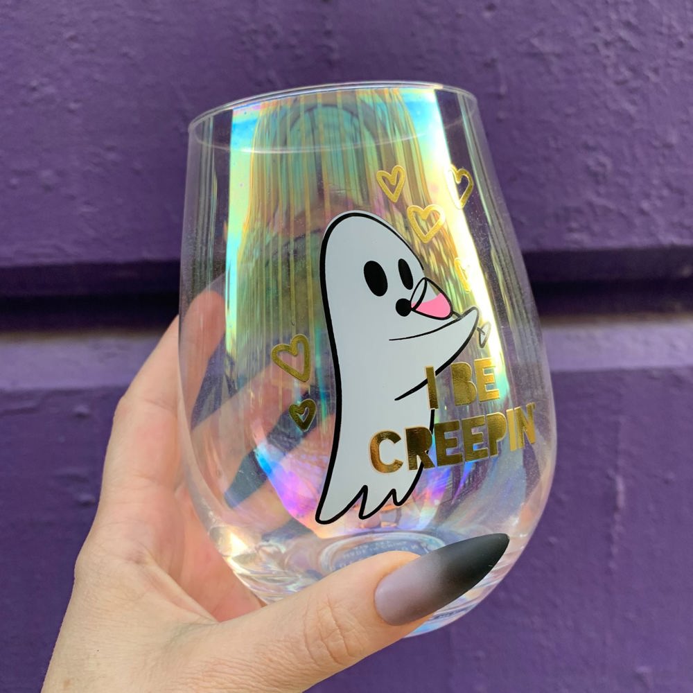 Halloween "I Be Creepin" Ghost Jumbo Stemless Wine Glass in Iridescent | 30 Oz. | Holds an Entire Bottle of Wine