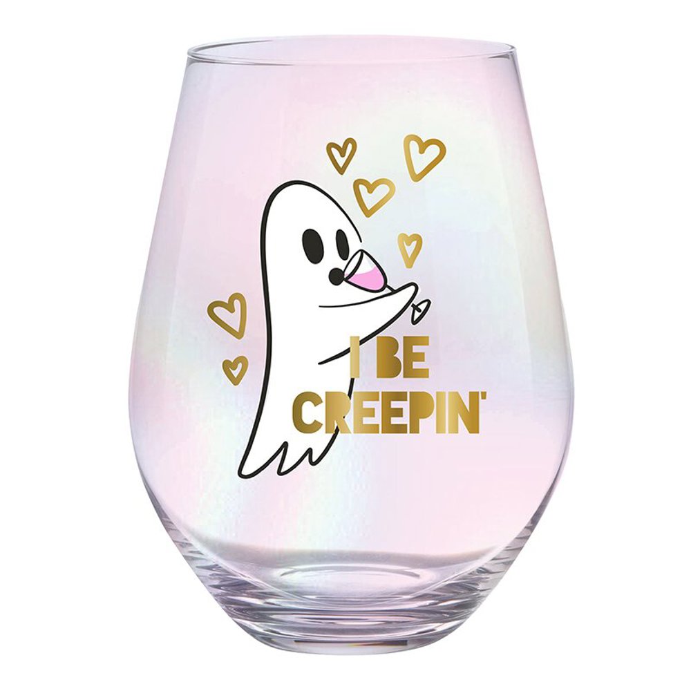 Halloween "I Be Creepin" Ghost Jumbo Stemless Wine Glass in Iridescent | 30 Oz. | Holds an Entire Bottle of Wine