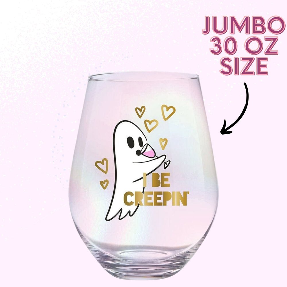 Halloween "I Be Creepin" Ghost Jumbo Stemless Wine Glass in Iridescent | 30 Oz. | Holds an Entire Bottle of Wine