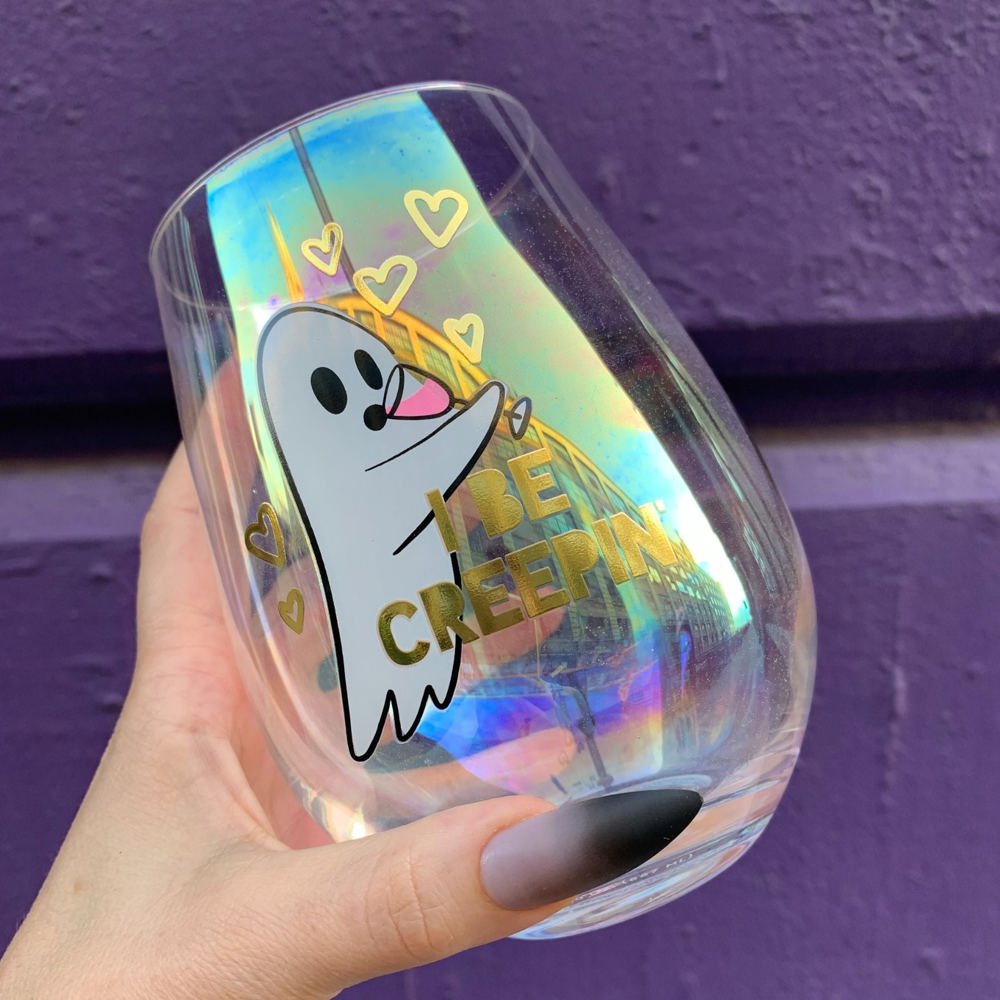 Halloween "I Be Creepin" Ghost Jumbo Stemless Wine Glass in Iridescent | 30 Oz. | Holds an Entire Bottle of Wine