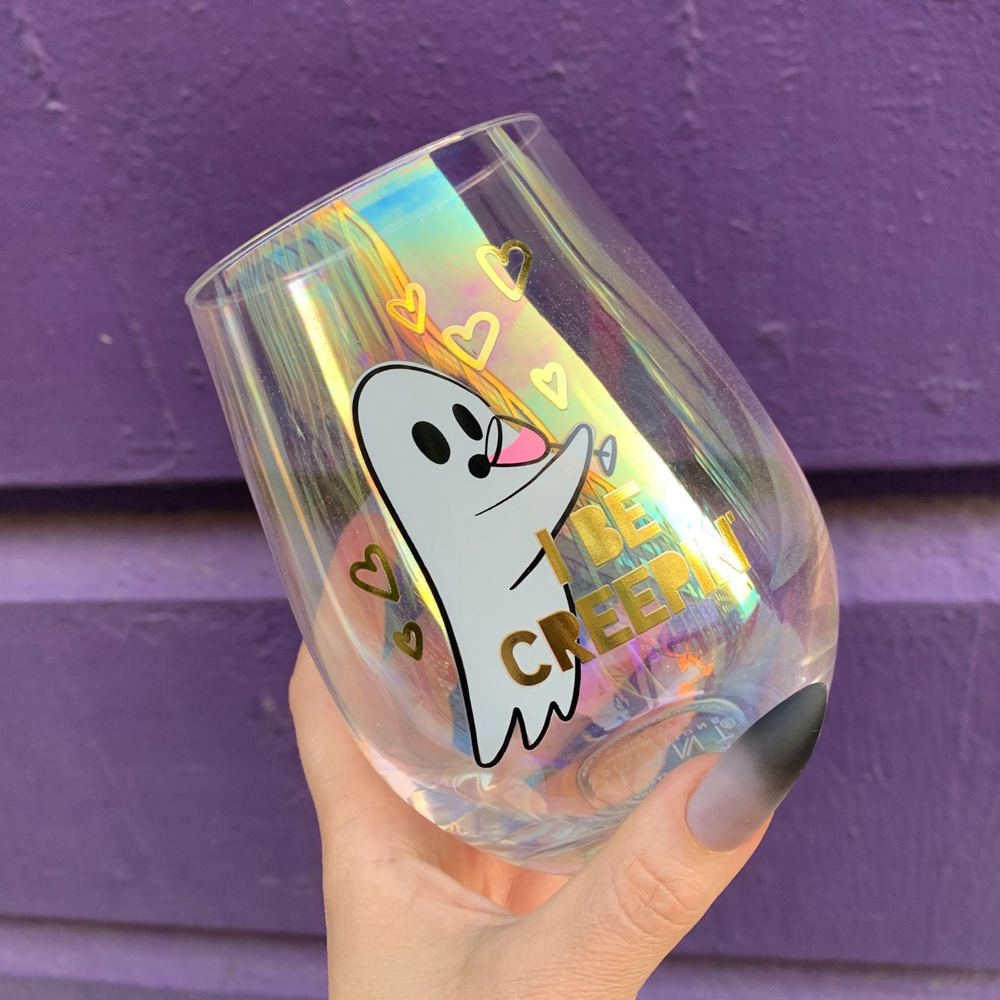 Halloween "I Be Creepin" Ghost Jumbo Stemless Wine Glass in Iridescent | 30 Oz. | Holds an Entire Bottle of Wine