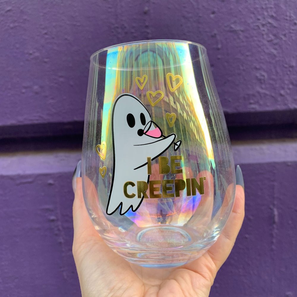 Halloween "I Be Creepin" Ghost Jumbo Stemless Wine Glass in Iridescent | 30 Oz. | Holds an Entire Bottle of Wine