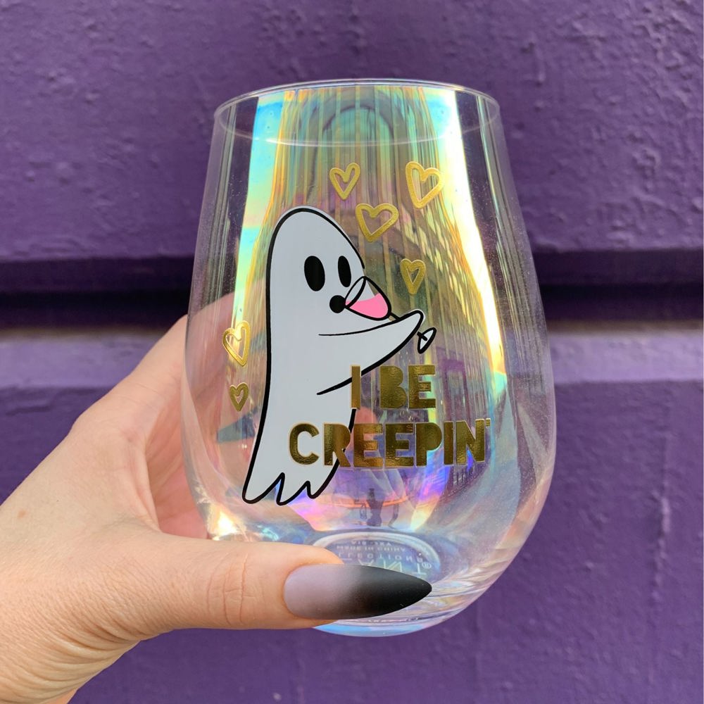 Halloween "I Be Creepin" Ghost Jumbo Stemless Wine Glass in Iridescent | 30 Oz. | Holds an Entire Bottle of Wine