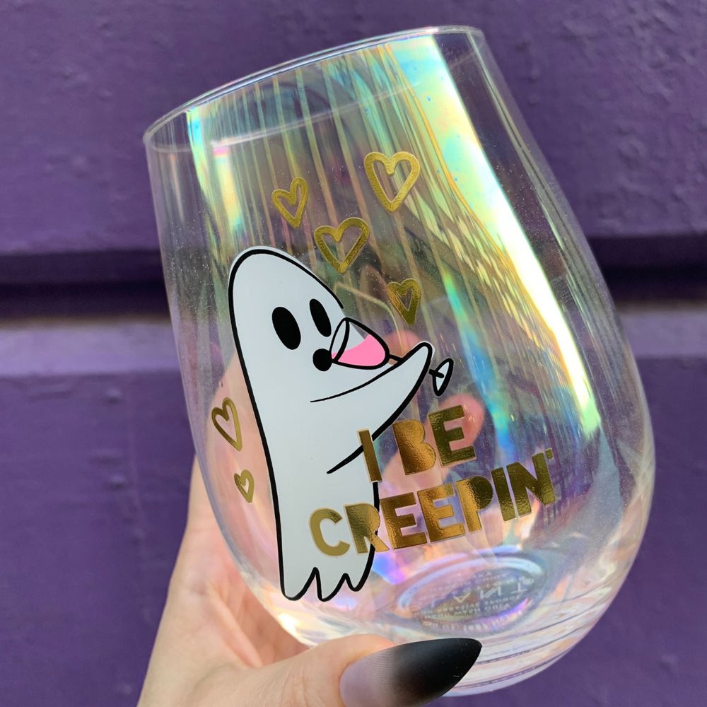 Halloween "I Be Creepin" Ghost Jumbo Stemless Wine Glass in Iridescent | 30 Oz. | Holds an Entire Bottle of Wine