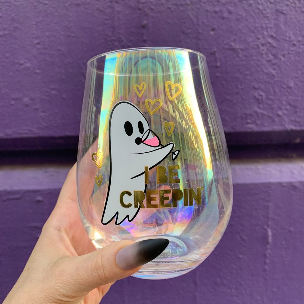 Halloween "I Be Creepin" Ghost Jumbo Stemless Wine Glass in Iridescent | 30 Oz. | Holds an Entire Bottle of Wine