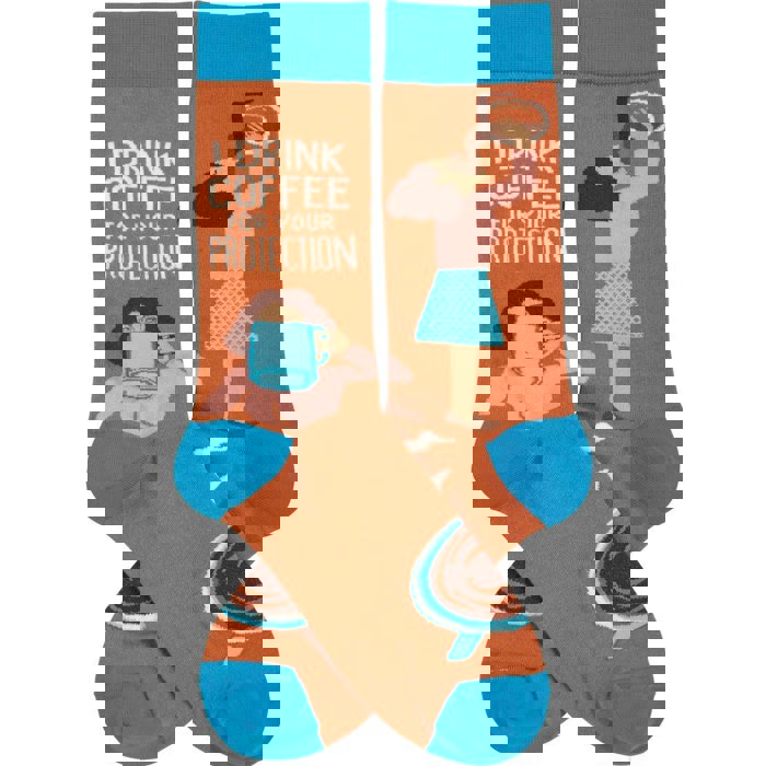 I Drink Coffee For Your Protection Funny Socks in Aqua Blue and Brown | Unisex